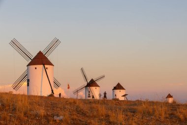Mota del Cuervo, İspanya; 21 Eylül 2025: Geleneksel İspanyol yel değirmenleri altın saat gün batımında tepede duruyorlar