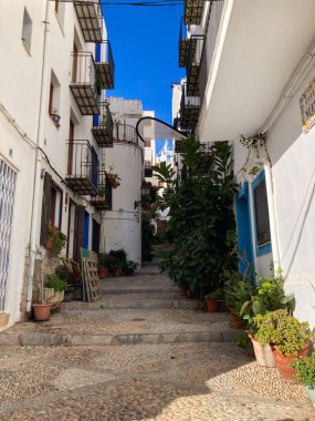 Peniscola, İspanya; 5 Aralık 2021: Saksı bitkileri ve balkonları olan geleneksel beyaz binalar arasında sarmal basamaklar