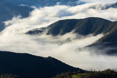 Güneş ışığı şafak vakti bulutları ve dağları aydınlatıyor, Garrotxa 'da sakin bir manzara yaratıyor.