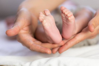 Ebeveyn elleri şefkatle iki haftalık bir bebeğin küçük ayaklarını tutuyor. Korunma ve bakımı simgeliyor.