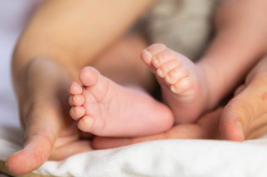 Ebeveyn elleri yeni doğan bebeğin narin ayaklarını nazikçe sarkıtır sevgi ve koruma gösterir.