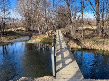 Tahta yaya köprüsü, mavi gökyüzünün altında çıplak ağaçlarla dolu doğal bir araziye uzanan bir nehri kapsar.