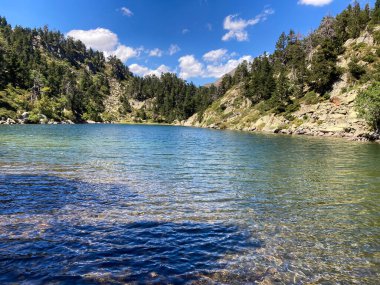 Temiz alp gölü suyu gökyüzünün yansımalarını gösteriyor ve kayalık yamaçlar ve çam ağaçlarıyla çevrili.