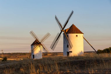 Geleneksel yel değirmenleri altın saat ışığıyla tarlaları aydınlatıyor, Don Kişot 'un mirasını yansıtıyor.