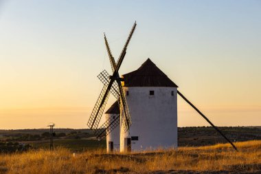 Geleneksel İspanyol yel değirmeni Mota del Cuervo 'daki kuru çimlerde duruyor.