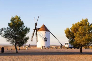 Beyaz tarihi yel değirmeni berrak bir gökyüzünün altında çam ağaçları ile tozlu bir ovada duruyor.