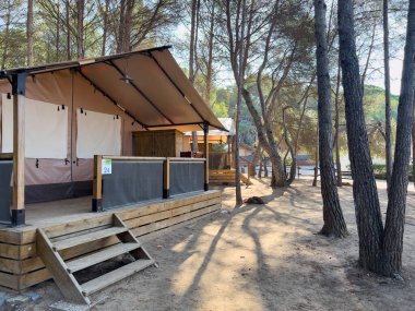 Tahta güverteli glamping çadırı doğal bir orman ortamında konforlu bir konaklama sunuyor.