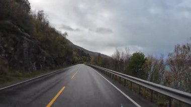 Norveç fiyortlarında dolambaçlı bir asfalt yolda ilerleyen bir manzara bulutlu bir sonbahar gününde