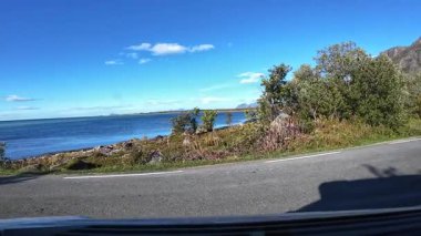 Güneşli bir günde, Lofoten takımadalarında çarpıcı bir sahil yolu boyunca karavanı sürüyordu.