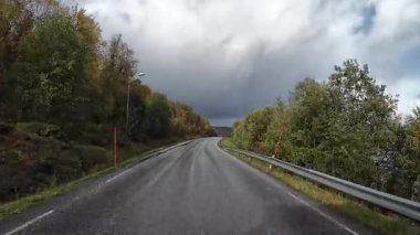 Manzaralı, ıslak asfalt bir yolda Senja adasındaki fiyortlar boyunca sürüş bakış açısı