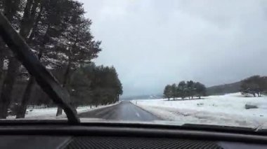 Les Angles 'da karlı dağ ormanları yolunda araba sürüyorum.