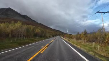 Lofoten Adaları, Norveç; 11 Eylül 2024: Norveç 'in Lofoten Adaları' ndaki bir sahil yolunda sürücünün resmi bakış açısı