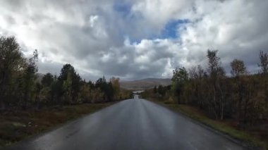 Lofoten Adaları, Norveç; 11 Eylül 2024: Norveç 'in Lofoten Adaları' ndaki bir sahil yolunda sürücünün resmi bakış açısı