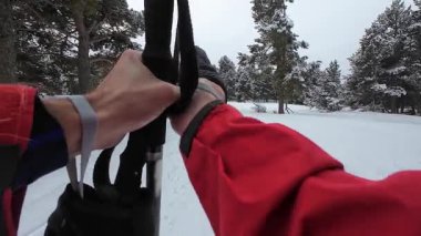 İspanya 'nın La Molina şehrinde kış boyunca virajlı ve karlı bir yolda giden bir arabadan bakış açısı