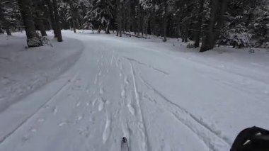 İspanya 'nın La Molina şehrinde kış boyunca virajlı ve karlı bir yolda giden bir arabadan bakış açısı