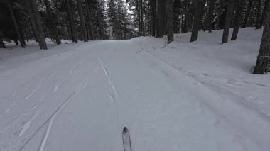 İspanya 'nın La Molina şehrinde kış boyunca virajlı ve karlı bir yolda giden bir arabadan bakış açısı