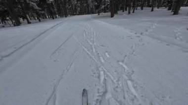 İspanya 'nın La Molina şehrinde kış boyunca virajlı ve karlı bir yolda giden bir arabadan bakış açısı