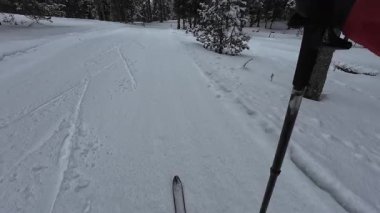 İspanya 'nın La Molina şehrinde kış boyunca virajlı ve karlı bir yolda giden bir arabadan bakış açısı
