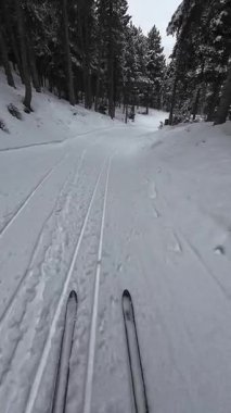 İspanya 'nın La Molina şehrinde kış boyunca virajlı ve karlı bir yolda giden bir arabadan bakış açısı