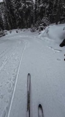 İspanya 'nın La Molina şehrinde kış boyunca virajlı ve karlı bir yolda giden bir arabadan bakış açısı