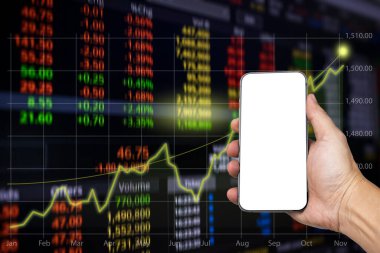 Business analytics with key performance indicators dashboard concept. Man hand holding Mockup phone with white screen. 