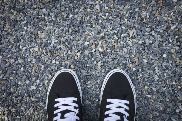 Black White Sneakers Gravel Selective Focus Feeling Beginning Journey — Stock Photo, Image