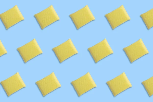 Seamless Pattern Yellow Sponges Washing Dishes Blue Background — Stock Photo, Image