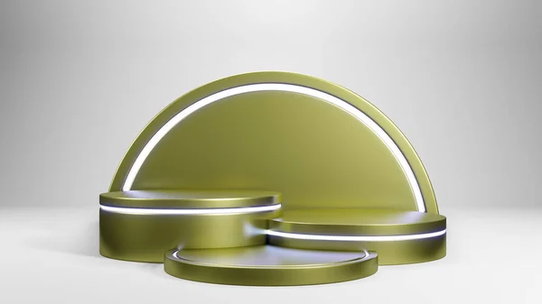 製品表示用の抽象ベクトルレンダリング3D形状 豪華な金とライトシリンダーの台座の表彰台 白いミニマルな壁のシーンと黄金の円の背景 ベクターイラスト — ストック写真