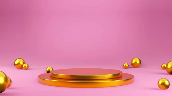 Gold Metallic Mock Stand Template Mit Goldener Kugel Auf Rosa lizenzfreie Stockfotos