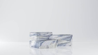 Beyaz arka planda mavi mermer heagon kutusu podyumu. Yeni ürün için konsept sahne gösterisi, promosyon satışı, afiş, sunum, kozmetik, sıralama. Kopyalama alanı 3B görüntüleme ile.