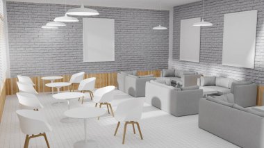 Gri tuğla duvarın yanında büyük bir kanepe, pencerelerin yanında sandalyeler ve duvarında yatay posterler olan beyaz seramik zemin olan bir sıra masa. 3D görüntüleme. Model.