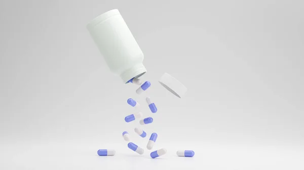 Grupa Kapsułek Antybiotykami Spadająca Butelki Lekiem Opieka Zdrowotna Medyczne Tło Zdjęcie Stockowe