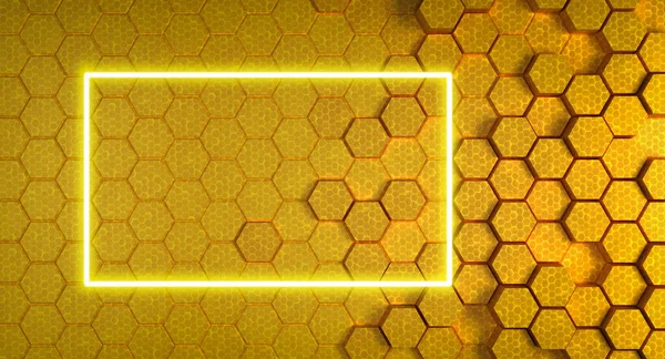 Yellow Honeycomb Structure Neon Frame Rendering — Stock Photo, Image