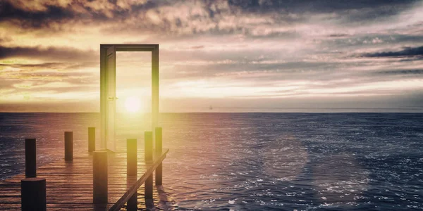 Gün Batımında Görüşürüz Rıhtımda Güneş Işığıyla Açılan Kapı Boyutlu Görüntüleme — Stok fotoğraf