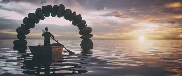 Denizin Ortasında Taş Kemerden Geçen Bir Adamla Bir Tekne Güzel — Stok fotoğraf