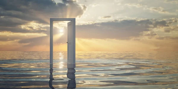 Белая Дверь Воде Красивый Фон Заката Рендеринг — стоковое фото
