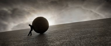 Adam dev bir beton topu koruyor, 3 boyutlu.