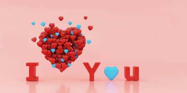 Kalbin pastel pembe arka plandaki küçük kalplerden yapılmış görüntüsü, 3D görüntüleme