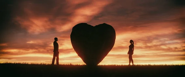 Illustration Stone Heart Two People Love Beautiful Sunset Sky Background — Stock Photo, Image