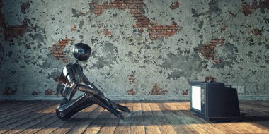 Terk edilmiş bir dairede eski bir televizyon ve çatı, 3D görüntüleme.