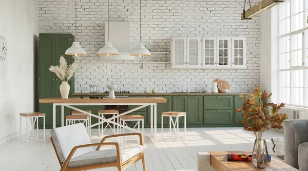 Luminoso Soggiorno Con Cucina Stile Industriale Rendering — Foto Stock