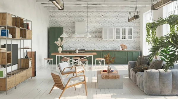 Lichte Woonkamer Met Keuken Loft Industriële Stijl Renderen — Stockfoto