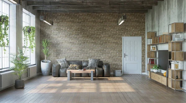 Salon Style Industriel Avec Murs Grondants Style Loft Rendu — Photo