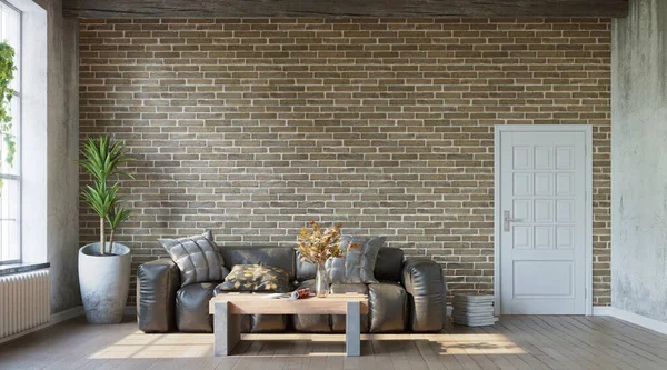Canapé Cuir Sur Fond Mur Briques Salon Avec Des Murs — Photo