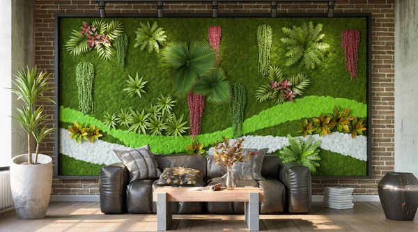 Interior of living room with green wall, 3d render