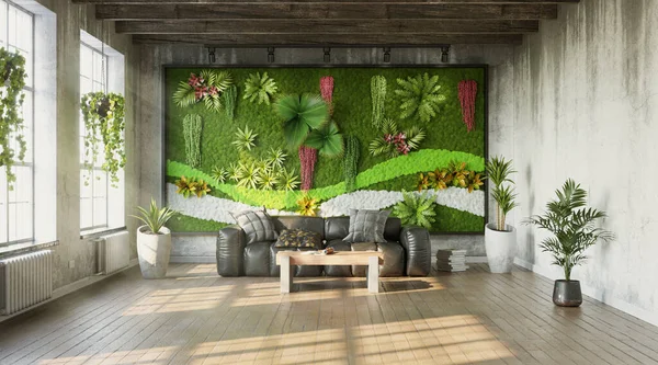 Industrial style of living room with green wall, 3d render
