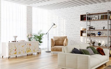 Modern oturma odasının içinde tuğla duvarlar var, 3 boyutlu.