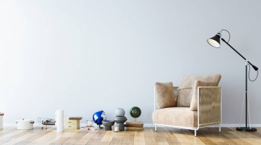 Duvar, ahşap zemin ve mobilyalar üzerine dekoratif dekoratif set ile basit iç tasarım ile modellenir.