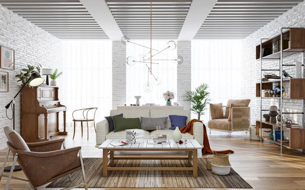 Interior Cozy Living Room Brick Walls Wood Furniture Render — Stock Photo, Image