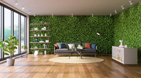 Ruang Tamu Dengan Dinding Hijau Gaya Eco Interior Taman Vertikal — Stok Foto
